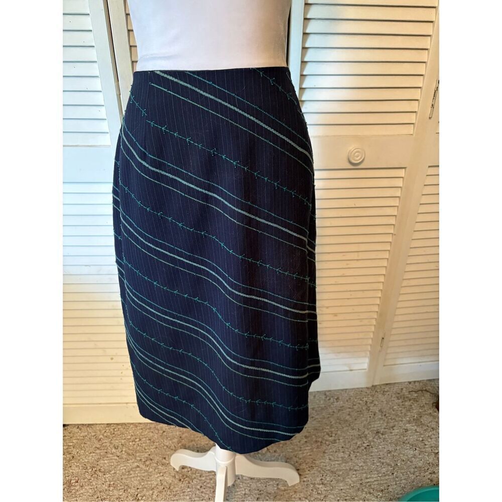 Alfani Womens Skirt, size 12, Navy Blue with turquoise diagonal Stripes, fully l